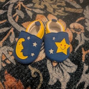 Blue and Yellow Baby Slippers With Moon and Star Design